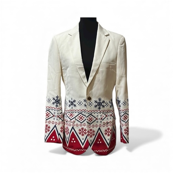Shinesty Red and Cream Nordic Holiday Pattern Blazer Jacket size 36 - Picture 1 of 12